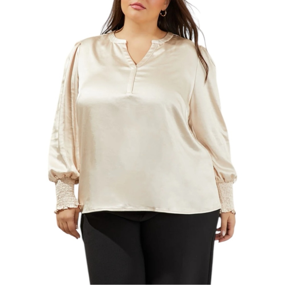 Sugarlips Henley Satin Long Sleeve Blouse 2X in Champagne NWT Cream Long Sleeve